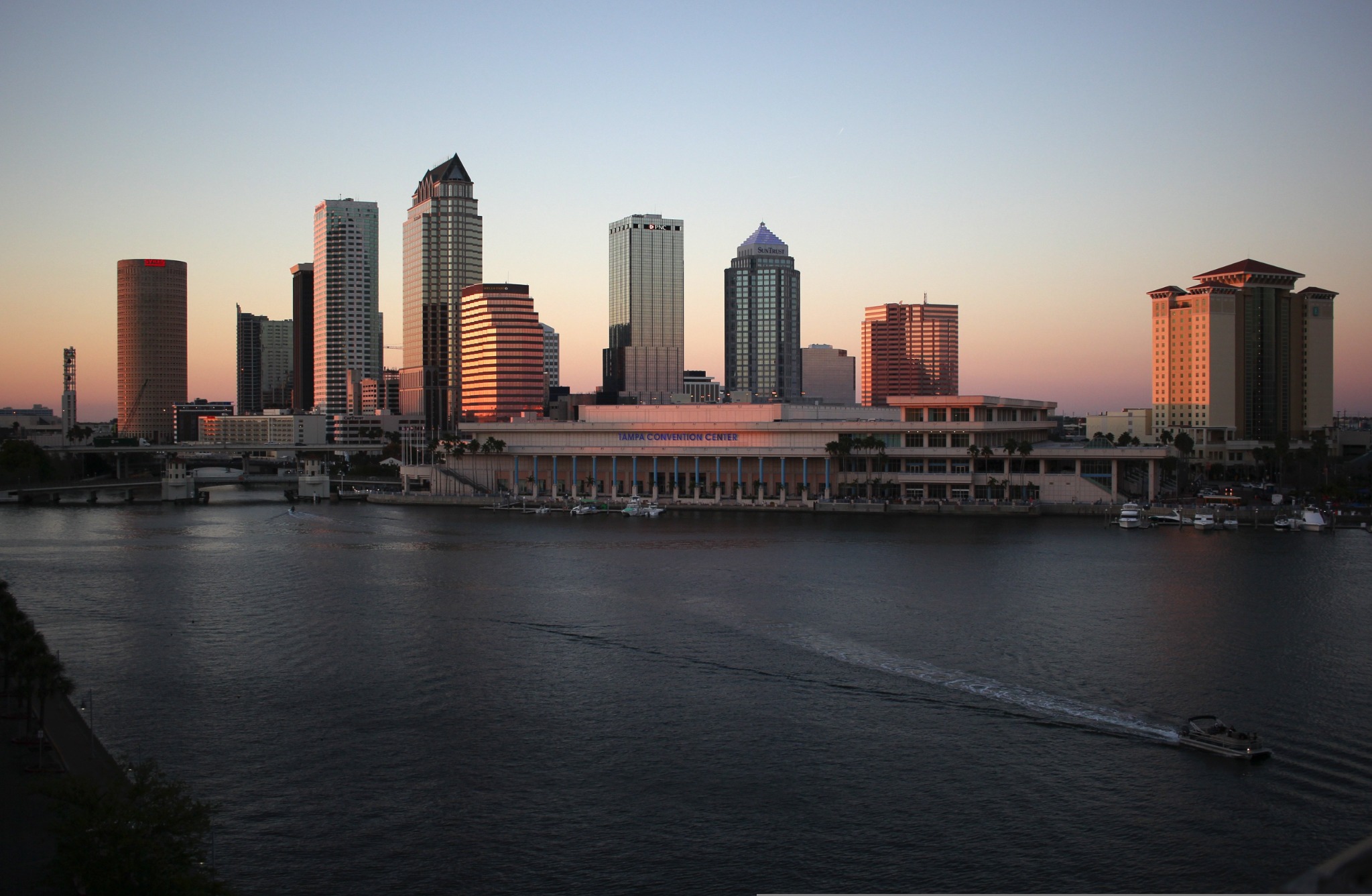Downtown Tampa skyline at sunset across the Hillsborough River
