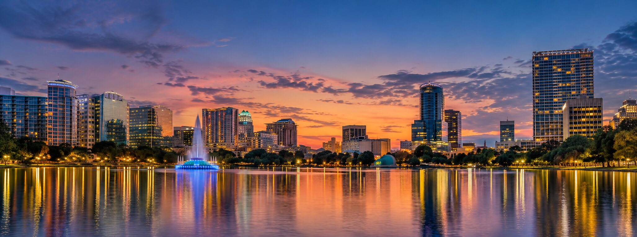 Orlando inspired skyline and Lake Eola fountain at sunset